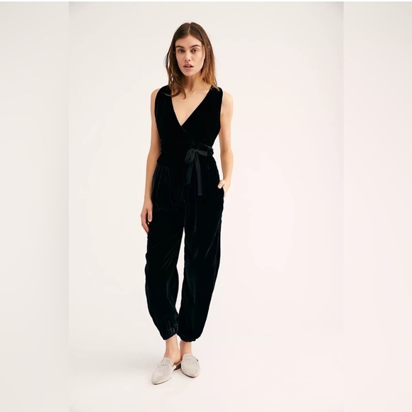 Free People Pants - Free People Black All Natural Velvet Deep V Ribbon Tied Jumpsuit size XS